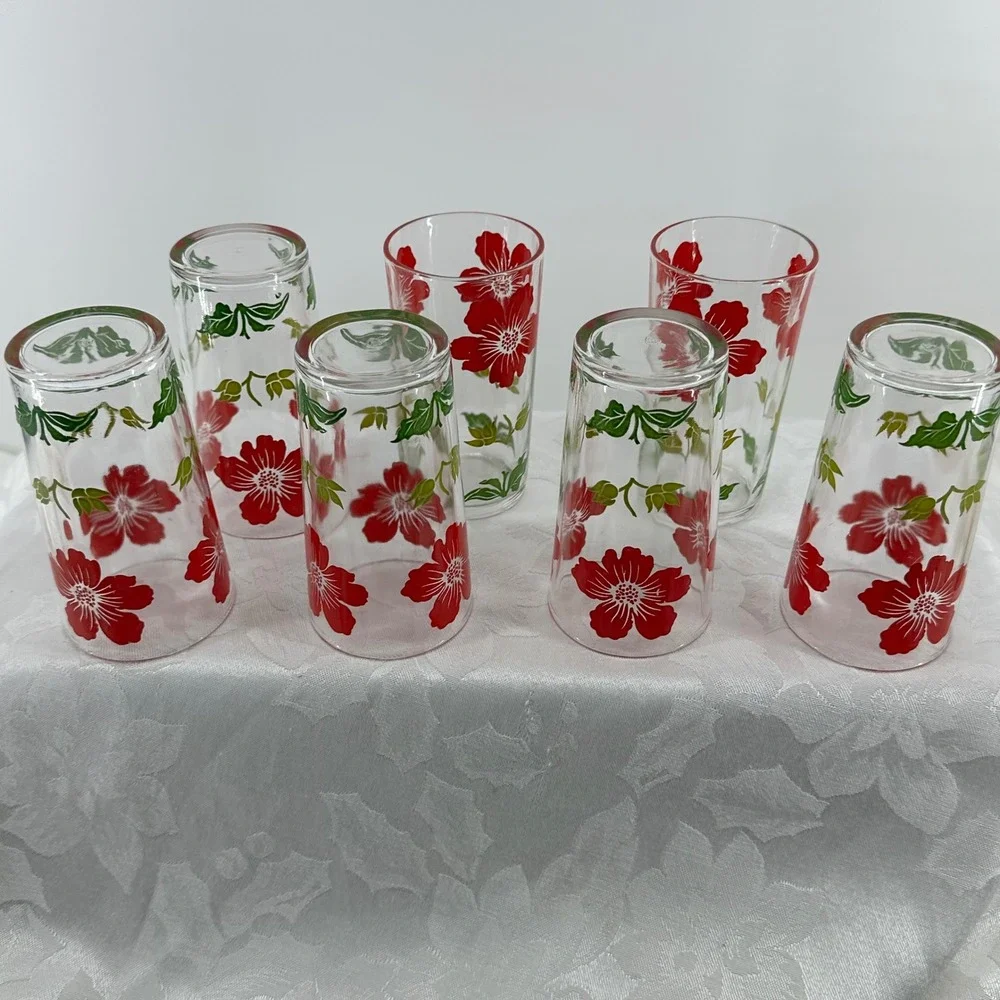 Vintage Federal Glass Tumblers Floral Set 7 Excellent Mid Century Modern Retro